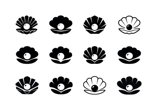 glistening pearls. Icon set. Set Logo of glistening pearls: pearl shell motif. harmonious logo variations of the same emblematic concept, each with different