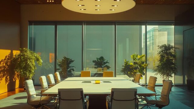 Contemporary meeting room showcasing a large central table surrounded by ergonomic chairs, illuminated by natural light entering through expansive windows and an overhead circular fixture