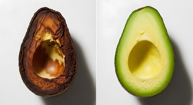 Fresh and Rotten Avocado Comparison | Ripe Green Fruit vs Brown Decayed Half | Food Waste Concept | Healthy vs Spoiled Food | Oxidation of Produce | Contrast of Freshness and Decay