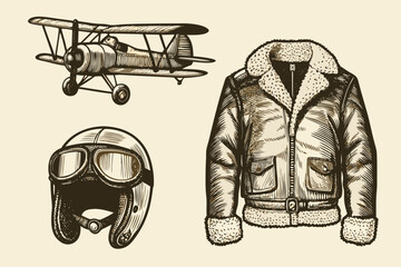 Vintage aviation illustration featuring a biplane helmet and leather jacket © Shabita