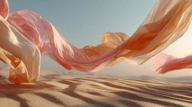 Flowing silk fabric in pastel desert in film style elegant surreal minimalism concept on beige and coral background