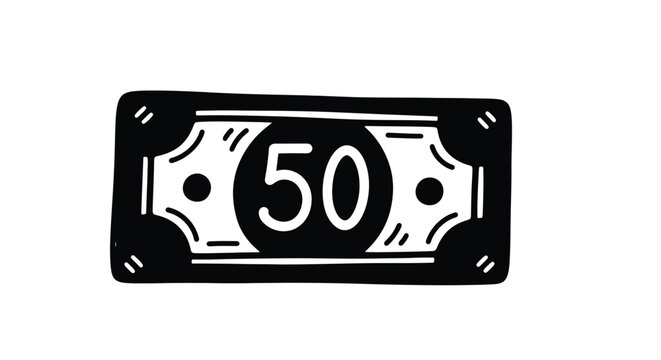 A hand drawn fifty dollar bill illustration in black a distinct silhouette