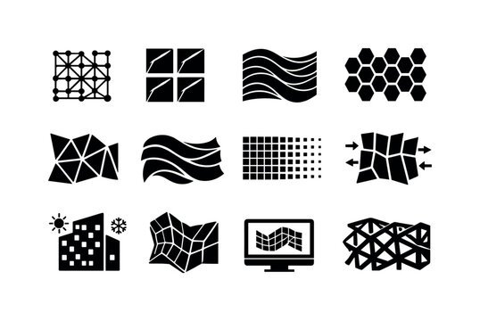 Parametric Facade. Solid icon set of Parametric Facade: algorithmic facade pattern, repeating facade modules, wave facade surface, hexagonal facade grid,