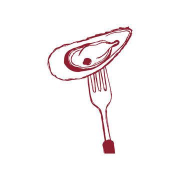 A hand-drawn vector illustration of an oyster on a fork, showcasing a fresh and elegant seafood dish. This design is perfect for seafood menus, restaurant d&eacute;cor, or upscale dining promotions.