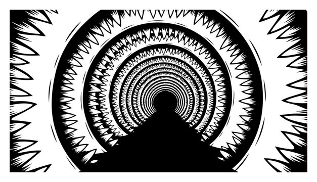 Vortex tunnel made of jagged teeth and sharp geometric patterns in abstract optical illusion style