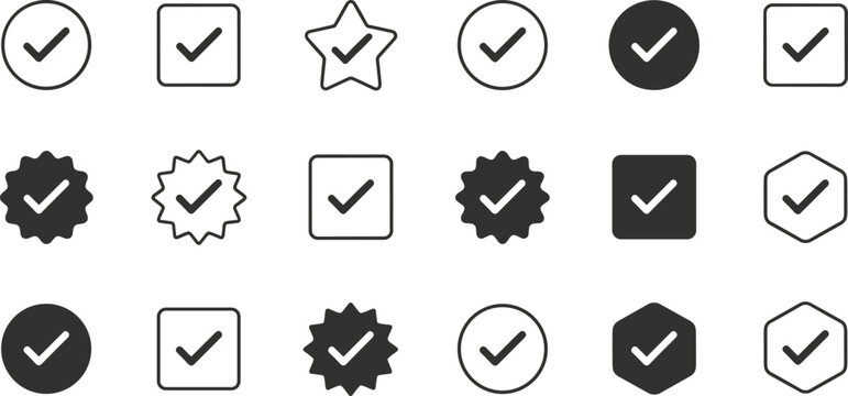 Verification checkmark vector icon set featuring tick symbols in circles squares stars and hexagons for task completion status updates and social media profile authentication.