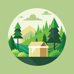 Obraz premium A house in a forest with mountains in the background