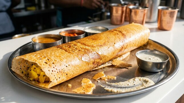 Crispy Golden Masala Dosa with Potato Filling and Chutneys