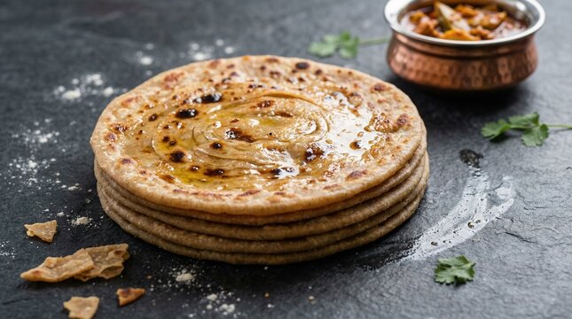 Golden Layered Whole Wheat Paratha with Ghee on Rustic Table