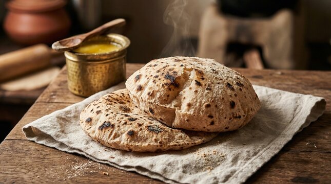 Fresh Whole Wheat Chapati Phulka with Ghee in Traditional Setting