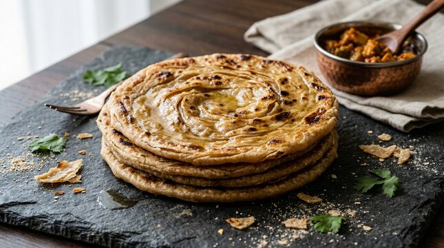 Golden Layered Whole Wheat Paratha with Ghee on Rustic Table