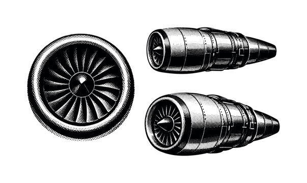 Airplane turbine A realistic airplane jet turbine engine with cylindrical housing, intake fan, and exhaust section, shown in three views including front intake