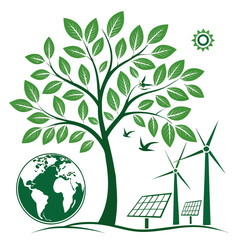 Green tree with earth solar panels and wind turbines on white background globe leaves © japan