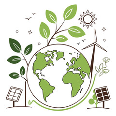 Green earth with solar panels wind turbine and leaves on white background globe © japan