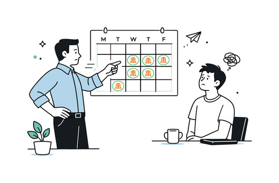 Office mandate frustration. A manager pointing at a calendar marked office days while an employee listens silently. Power imbalance and compliance suggested