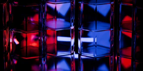 Cyber elements made of transparent glass and liquid acrylic purple blue glow on black backdrop cinematic tech background design cover art visuals 3d rendering © IM_VISUALS