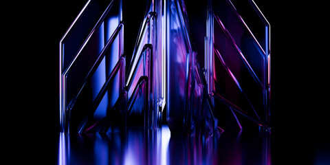 Cyber elements made of transparent glass and liquid acrylic purple blue glow on black backdrop cinematic tech background design cover art visuals 3d rendering © IM_VISUALS
