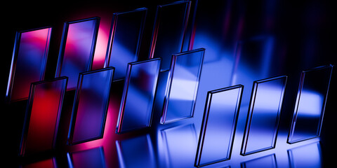 Cyber elements made of transparent glass and liquid acrylic purple blue glow on black backdrop cinematic tech background design cover art visuals 3d rendering © IM_VISUALS