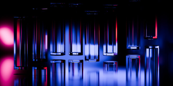 Cyber elements made of transparent glass and liquid acrylic purple blue glow on black backdrop cinematic tech background design cover art visuals 3d rendering