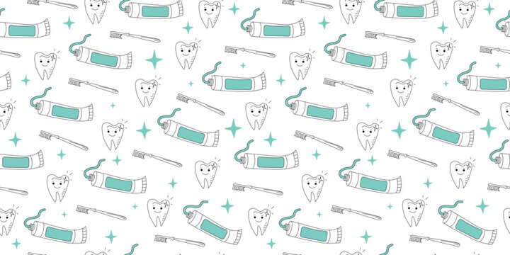 Dentistry, seamless pattern, dental cleaning and care. Toothbrush, toothpaste tube, and a cute smiling tooth, drawings, sketches. Hygiene and health, line icons, doodles. Wallpaper, background.