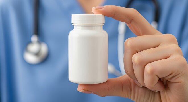 Hand Holding a White Supplement Bottle in a Modern Clinic Setting with a Minimalist Design Aesthetic