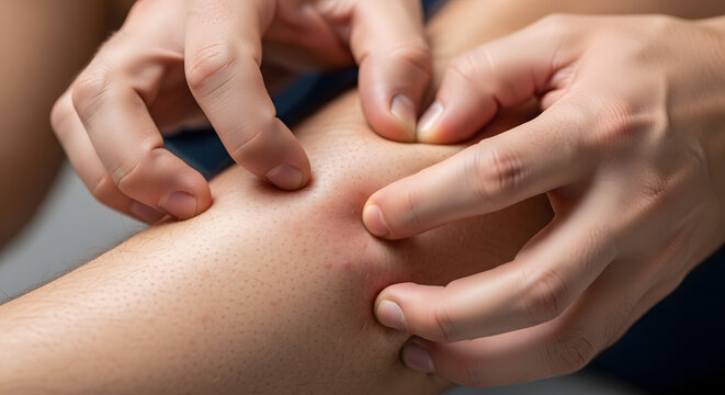 Close-up of a person scratching an itchy skin lesion or bug bite on arm .Generated-AI