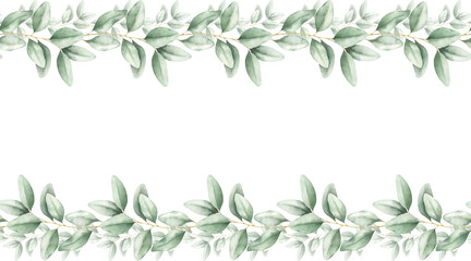Elegant green eucalyptus leaves seamless border. Hand drawn watercolor illustration, frame isolated on a white. Botanical artwork for greeting cards, invitations, wedding designs, web banners, prints. © VaivaMi