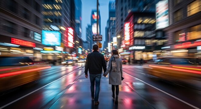 Couple walking city street