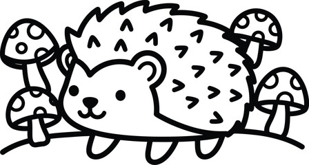 Cute hedgehog cartoon coloring page woodland animal illustration with mushrooms in simple outline style perfect for kids coloring book printable activity sheet and forest themed drawing page © Harun Or