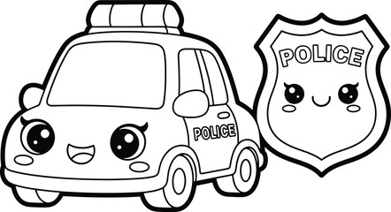 Cute police car cartoon coloring page with police badge emergency vehicle illustration in simple outline style perfect for kids coloring book printable activity sheet and transportation themed drawing © MD.Arafat