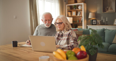 Two elderly individuals sit together at a table with a laptop, reviewing life insurance plans and...