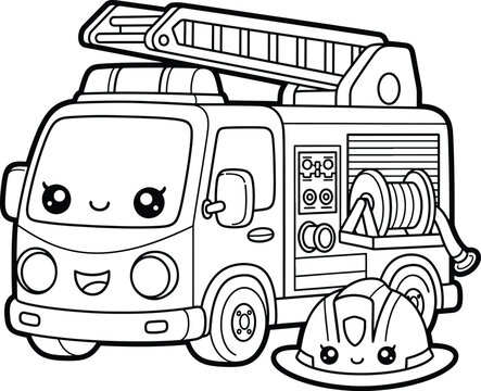 Cute fire truck cartoon coloring page emergency rescue vehicle illustration in simple outline style perfect for kids coloring book printable activity sheet and transportation themed drawing page