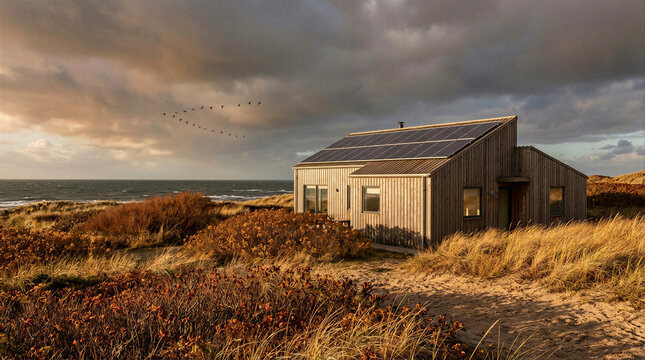 Beach house solar autumn modern timber coastal home with solar panels among golden dunes and dramatic sunset sky