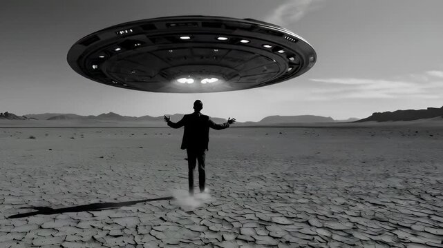 Businessman Being Abducted by UFO Beam of Light in Desert Landscape