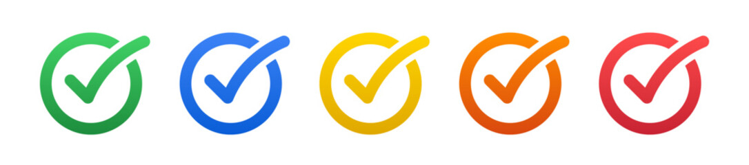 Multicolored gradient checkmark icon set, five step circular checklist progress and colorful validation vector infographic. Minimalist tick symbols for multi benefit product features and protection. © Design Thinker