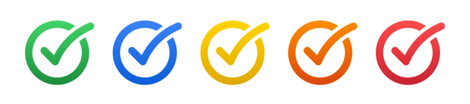 Multicolored gradient checkmark icon set, five step circular checklist progress and colorful validation vector infographic. Minimalist tick symbols for multi benefit product features and protection.