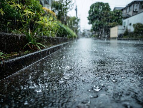 雨の日にアスファルトの地面へ激しく打ち付ける雨粒と水しぶきが印象的な住宅街の風景