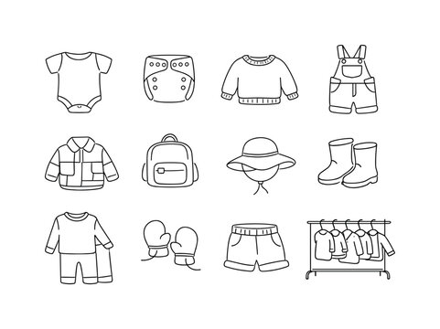 Eco-Friendly Kids Apparel. Minimalistic set one-line drawing bamboo fabric baby bodysuit, reusable cloth diaper, knitted toddler sweater, kids denim overalls,