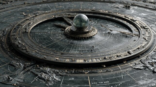 Intricate ancient astronomical clock and celestial map featuring golden engravings and a central crystal globe, showcasing mystical steampunk design, cosmic navigation, and complex mechanical gears