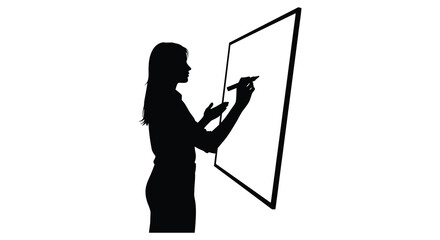 A woman is depicted in profile extending her hand towards a blank rectangular surface a striking silhouette high quality professional detailed © CreativeAkash099