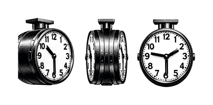 Train platform clock double-sided form. A realistic train platform clock depicted as a single object in three different views, highlighting the double-faced