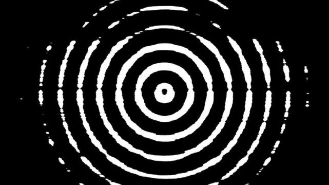 Glitchy black and white concentric circle rings abstract geometric motion background
