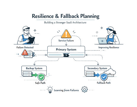 Resilience and fallback planning. A redesigned system diagram with backup paths and safety icons highlighted. Learning from dependency failure and building