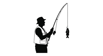 A solitary fisherman stands with a caught fish depicted in a striking black silhouette high quality professional detailed modern elegant stylish © CreativeAlim02