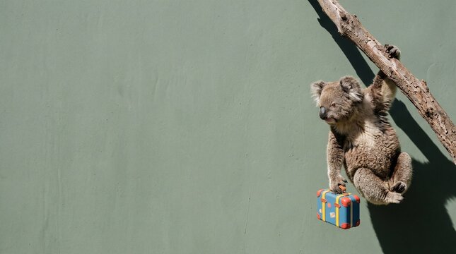 Koala hanging from tree branch holding colorful suitcase conceptual 3D art