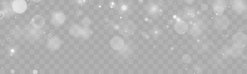 Falling white dust sparkles drift softly across a dark transparent background. Tiny particles shimmer like delicate stars in motion. Perfect overlay for holiday and magical designs. © goldstock