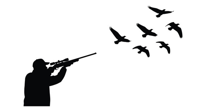 A hunter aims a rifle toward a flock of birds in flight depicted as a stark silhouette high quality professional detailed