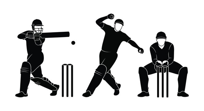 A black silhouette depicts a cricket game with a batsman bowler and wicket keeper silhouette high quality professional detailed modern elegant stylish