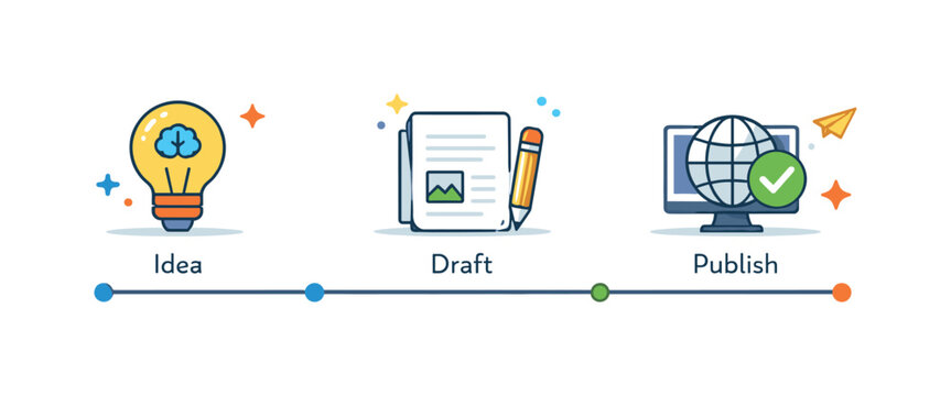Content creation workflow centered on a clean timeline with connected icons for idea, draft, and publish, conveying clarity, structure, and smooth creative