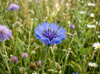 Fototapeta premium Wild Blue Cornflower Blossom Close Up in Nature Meadow